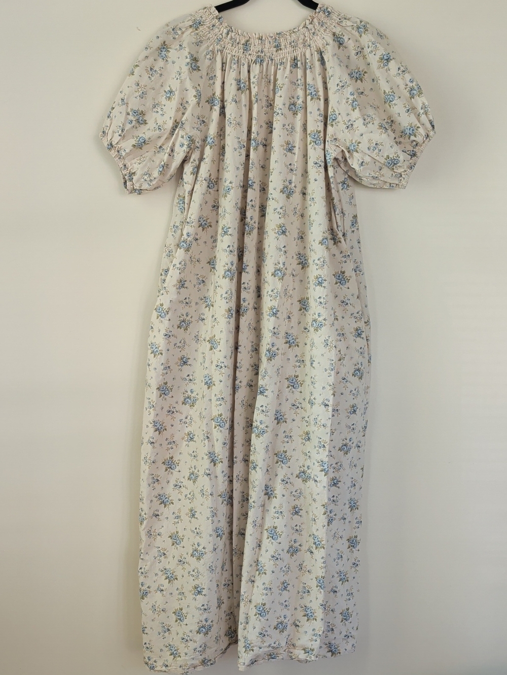 Smocked Neck Cream Maxi Dress with Blue Floral Print - Picture 5 of 5